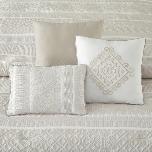 Image of LANCO MODERN LIFESTYLE 7 Piece Queen Comforter Set, Beige, Elegant Jacquard with Patchwork, Stylish and Cozy Bedding Collection, Premium Bedding Set with Bedskirt, Shams and Pillows