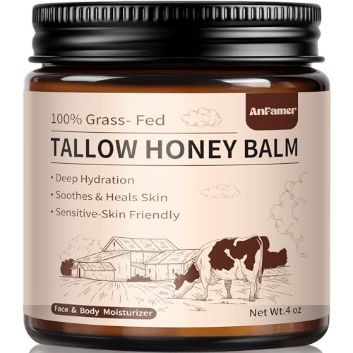 Tallow Honey Balm for Face & Body 100% Grass-Fed Beef Whipped Tallow Cream with Honey Deeply Hydrating Natural Moisturizer Unscented & Fast Absorbing Skin Care 4 oz