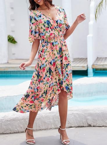 Image of Kormei Women Short Sleeve V Neck Floral High Low Flowy Summer Party Long Maxi Dress