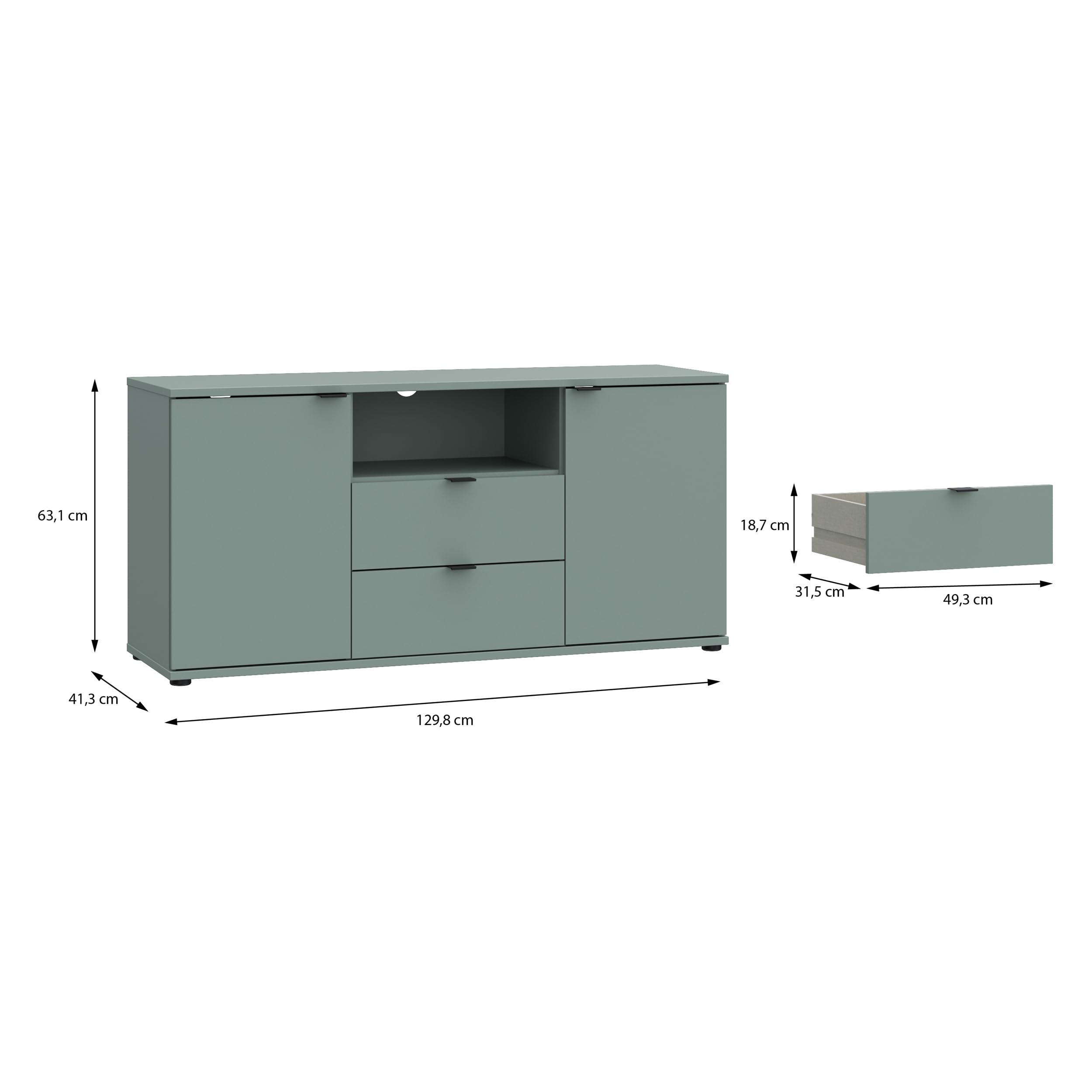 Forte Ganymede TV-Schrank 130, minimalistisches Lowboard, 2-türig, 2 Schubladen, offenes Fach, Holzwerkstoff, Wohnzimmer, Salbei, 129,8 cm breit x 63,1 cm hoch x 41,3 cm tief
