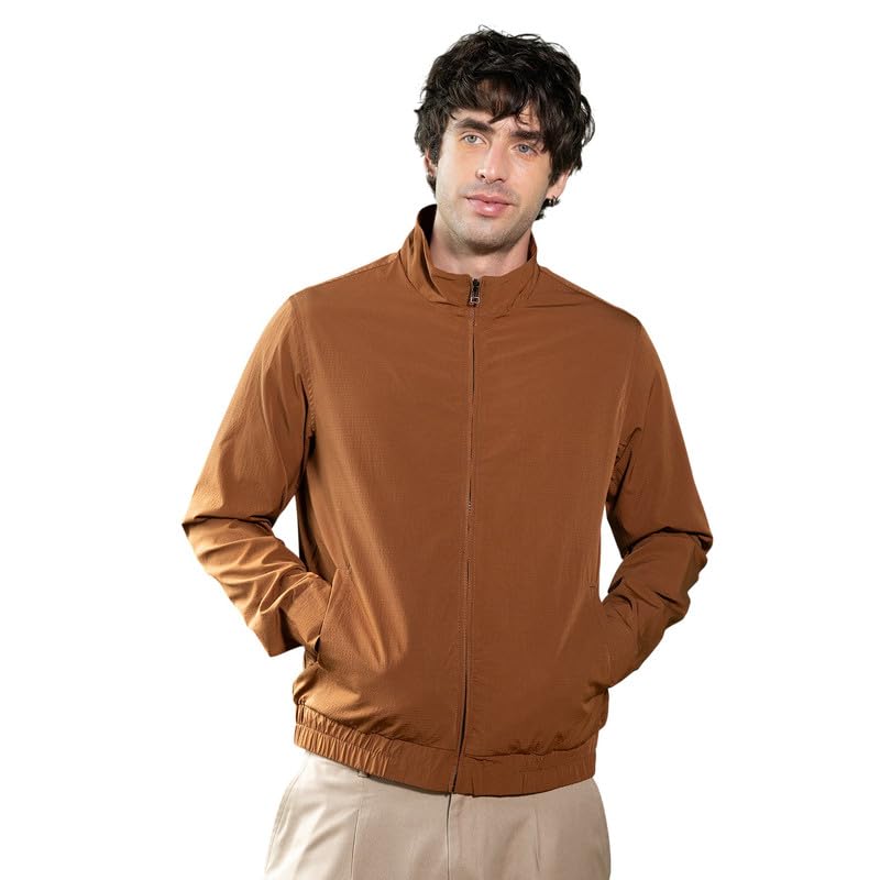 Campus Sutra Men Solid-Textured Bomber Jacket, Stand Collar, Long Button-Cuff Sleeves, Zipper, Stretch-Straight Hem, Solid Textured Woven Fabric For Casual, Brick Brown