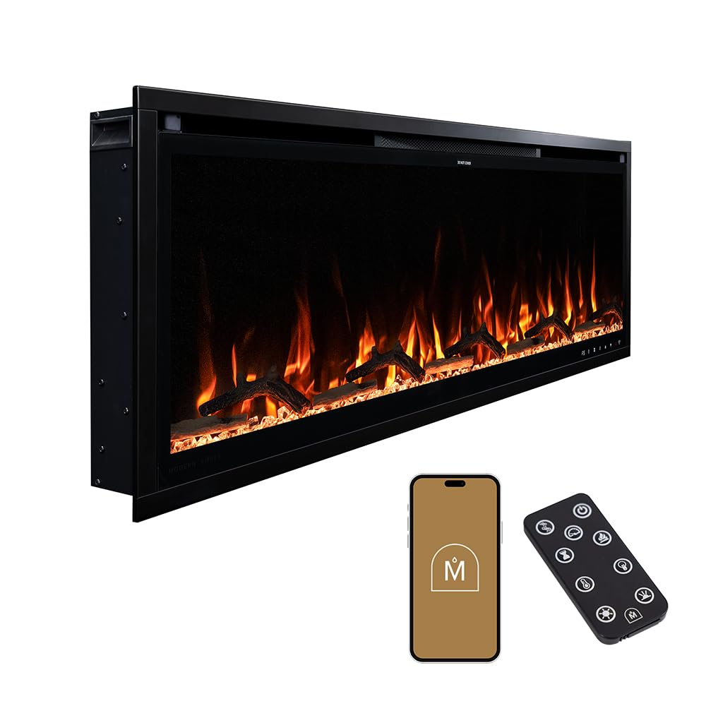 Modern Ember Aerus Slim 50 Inch Smart Linear Electric Fireplace | Recessed in-Wall or Wall-Mount | LED Multiple Flame Colors | Alexa/WiFi Enabled |
