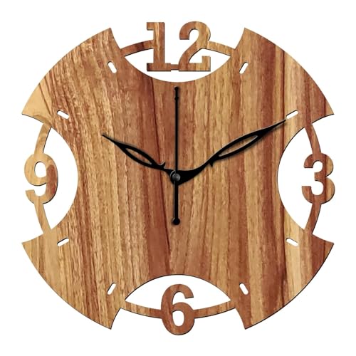 Image of SKYVILLA 12 Inch Wooden MDF Round Analog Wall Clock with English Numerals | Silent Quartz Movement | Lightweight Without Glass Design (Beige)