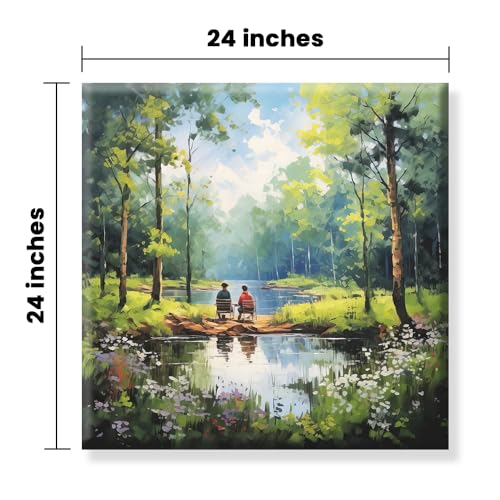 Image of Exsha Serene Couple Fishing by Lake Canvas Wall Painting|Romantic Nature Square Art Print for Living Room, Bedroom, Office, Home Decor|Peaceful Forest & Water Scene Wall Decorative Artwork|16x16 Inch