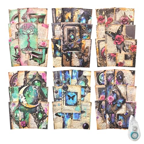MiyouLuna 180Pcs Gothic Scrapbook Paper, Vintage Ephemera Pack for Journaling, Junk Journal, and Scrapbooking Supplies with Glue Tape