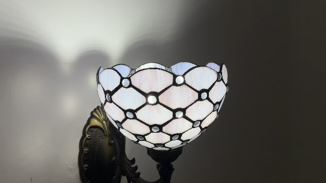 Image of Tiffany Wall Sconce Hand-Weld Stained Glass Bedside Lamp with Classic 8 Inches Lampshade for Bedroom Hallway Living Room Home Office (Gray White)