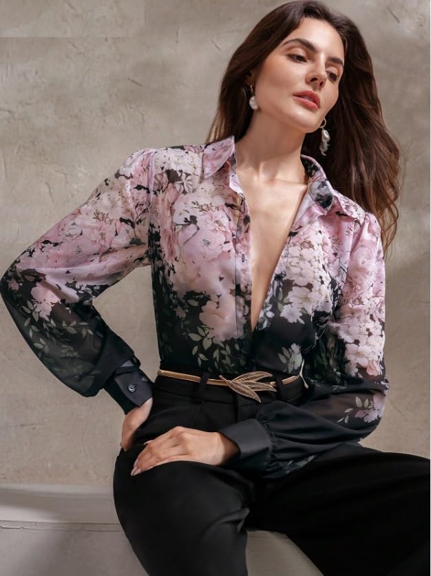 Image of Women Shirt || Women Top ||Autumn Leaves Print Polo Collar Shirt, Casual Long Sleeve (S-22-25)