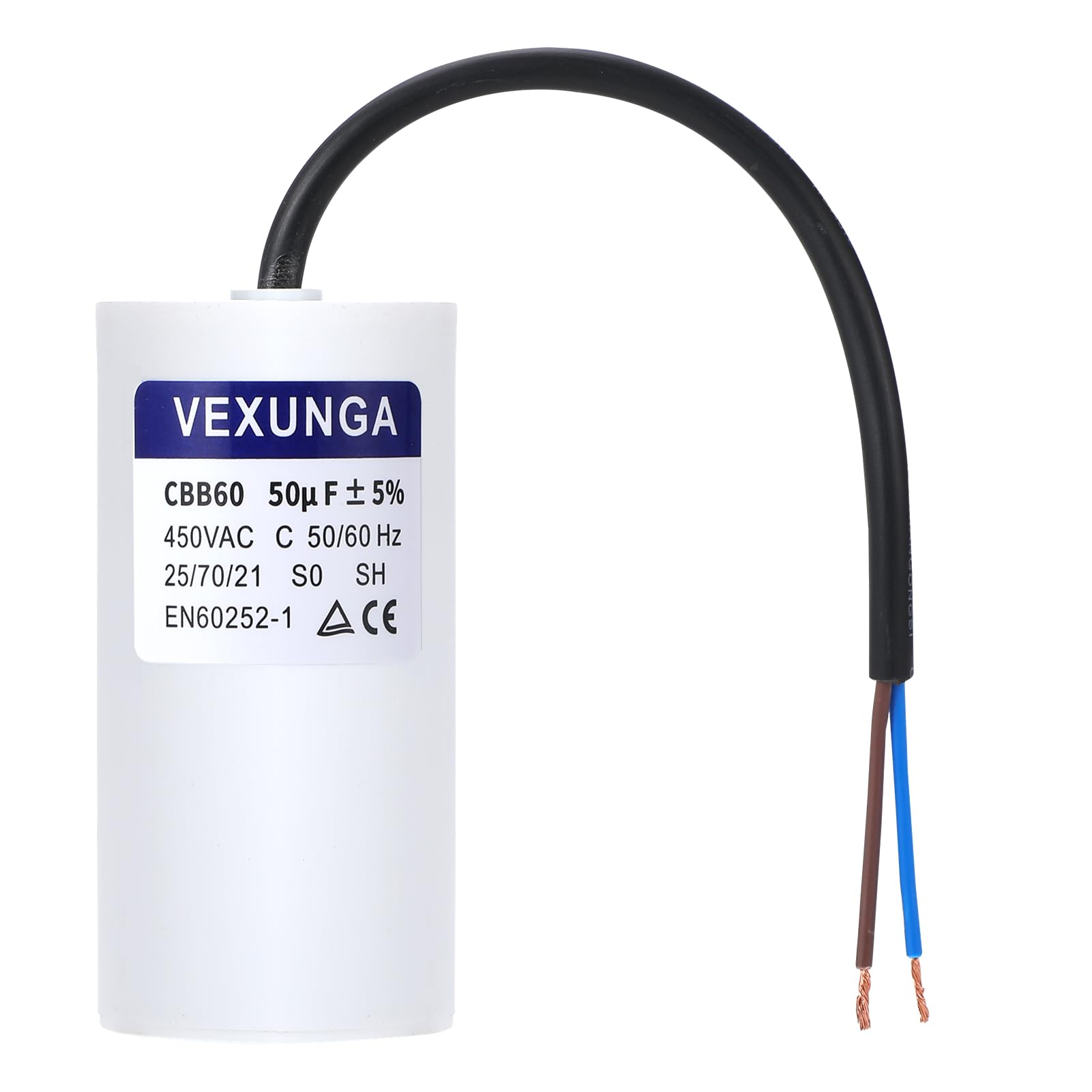 VEXUNGA CBB60 Capacitor 50uF 450V AC Run Capacitors 450VAC 50 µF 50MFD SH Start Motor Capacitor 50/60Hz ±5% 50x103MM with Wire for Air Compressor