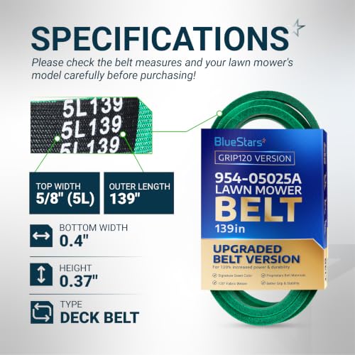 Image of [Upgraded Grip120] BlueStars 954-05025A Mower Deck Belt | 5 /8 inch x 139 inch | Fits 54 inch Deck Mowers Cub Cadet XT1 GT54 ST54, Troy-Bilt TB2454, Craftsman T8400, V-Belt Replaces 754-05025A 954-05025