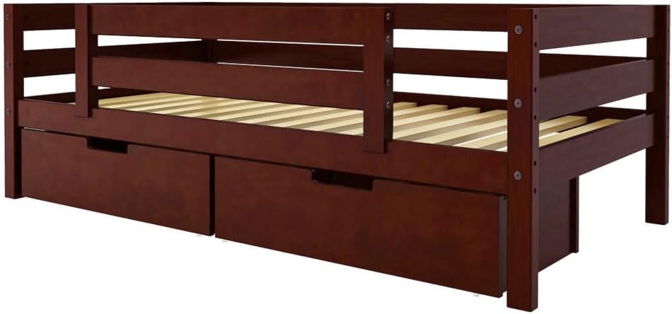 Maxwood Furniture Jackpot Twin Bed with Back and Front Guard Rail and Storage Drawers