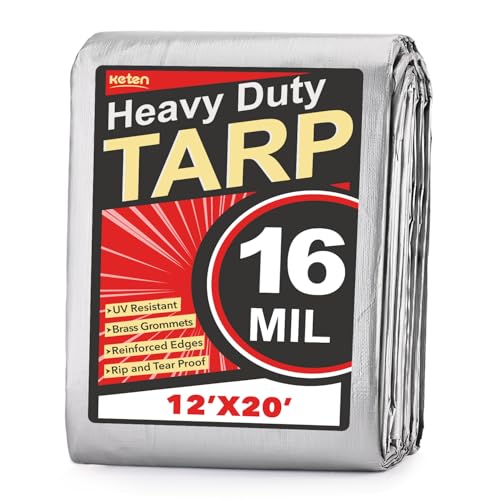 Keten Tarps Heavy Duty Waterproof 12X20 Feet, Extra Thick 16 Mil, Tear & Fade Resistant, UV Blocking, Outdoor Tarp with Reinforced Grommets for Roof, Camping, Patio, Pool, Boat(Silver/Black)