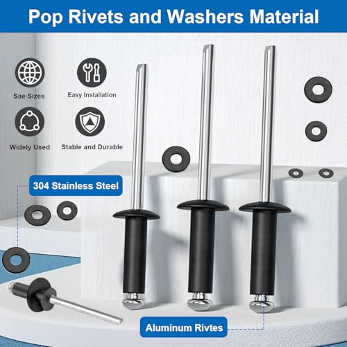 Image of smseace 780Pcs Black Pop Rivets with Washers Assortment Kit-10-Sizes SAE Rivets for Metal 1 /8,3 /16Inch 2-Sizes 304 Stainless Steel Washers for Metal, Furniture, Automotive, Instruments