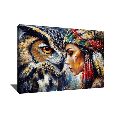 Tableau De Femme Indienne - Décoration Murale Salon Tendance - Impression Sur Toile Art Abstrait - Tableau Decoration Chouette - Affiche Murale Visage Femme -...