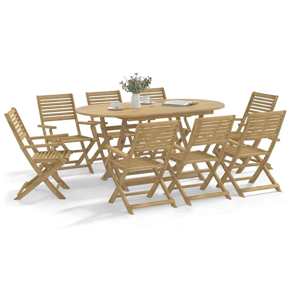 Juego de comedor de jardín de madera maciza de acacia plegable con diseño de listones y tablero robusto para 8 sillas y 1 mesa, hasta 110 kg por asiento