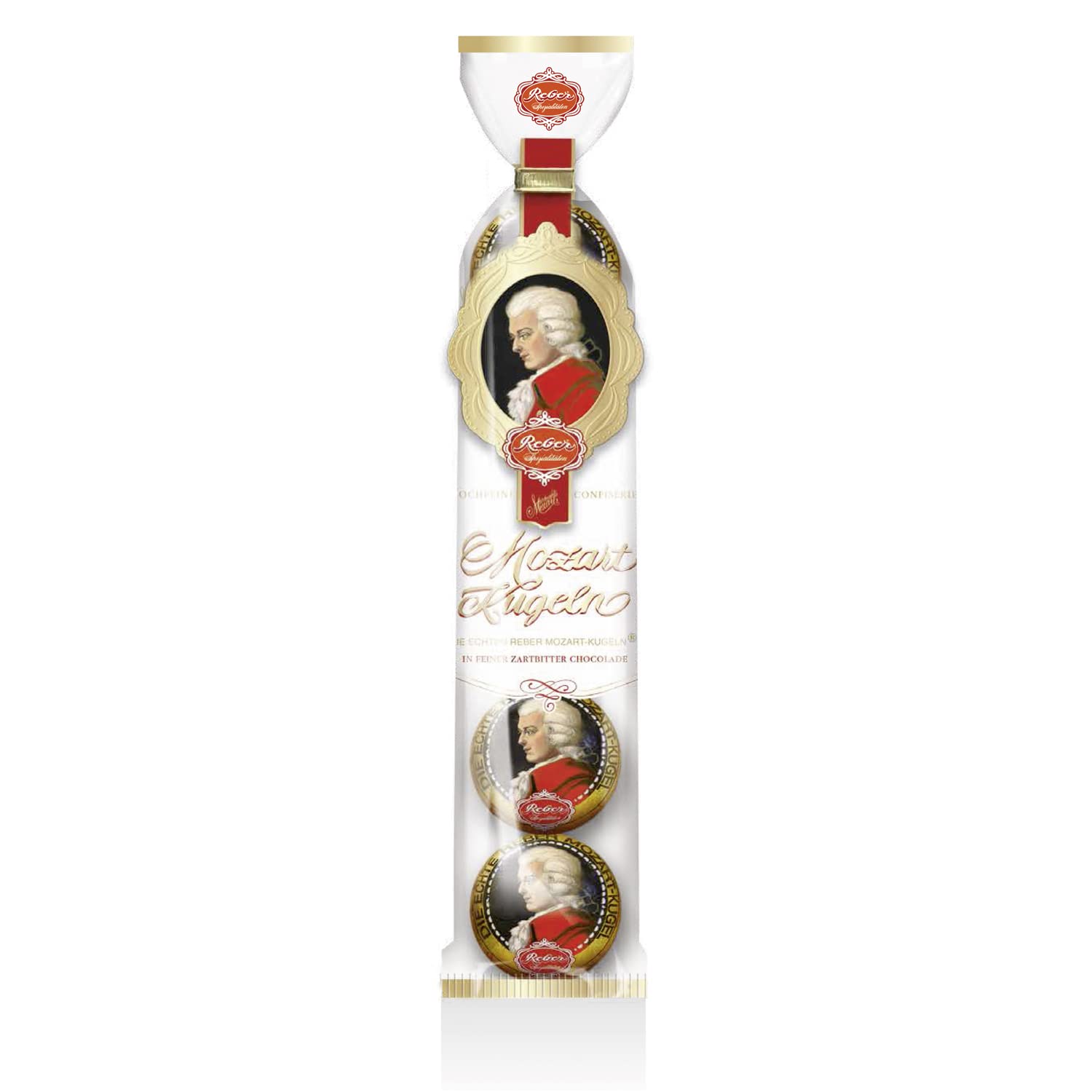 Reber, Mozart-Kugeln, 5er Tüte, Mozart-Kugeln aus Zartbitter-Schokolade, Gefüllt mit Pistazien-Marzipan, Mandeln und Haselnuss-Nougat, 100g (5 Mozart-Kugeln)