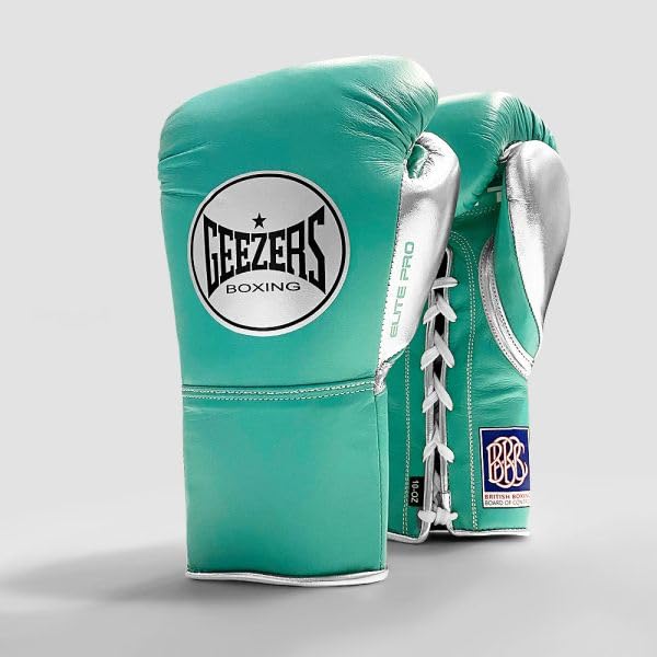 Geezers Boxing Elite Pro Special Edition Fight gloves, Premium Leather, Mens and Womens Fight Glove, Approved by the BBBofC for all professional fights. (Mint Green/Silver, 10oz XL) — image 1