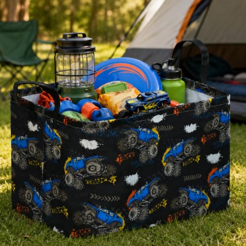 Image of Rectangular Monster Truck Storage Basket for Boys, Basket Trucks Toy Storage Bin with Handles, Collapsible Organizer Basket for Kids Bedroom, Playroom and Clothes Storage