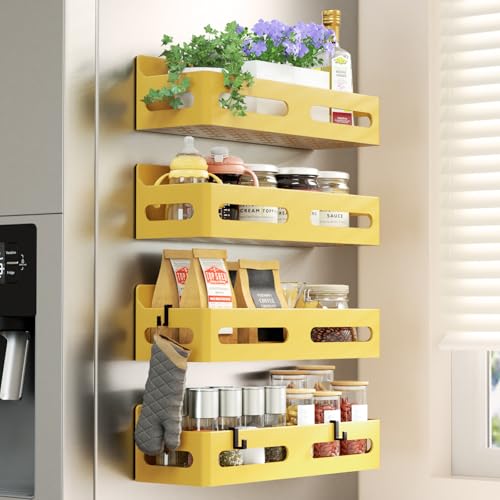 Image of Sevenblue 4-Pack Magnetic Spice Rack for Refrigerator with Hooks, Yellow | Strong multipurpose magnetic shelf for kitchen & bathroom organization. Includes 4 removable hooks for hanging items.