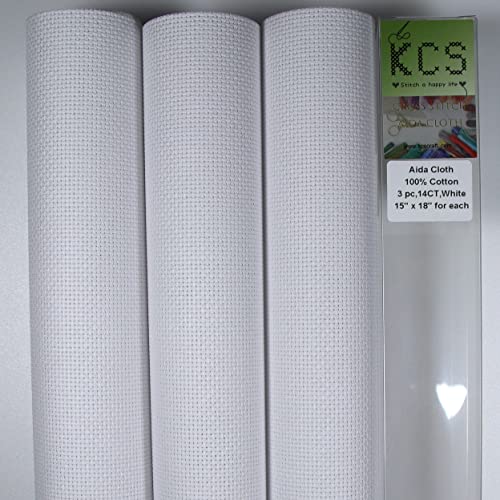 Image of KCS 3 pc of 15 inch x 18 inch Counted Cross Stitch Cotton Aida Cloth Needlework Rolled Fabric Box,14CT,White