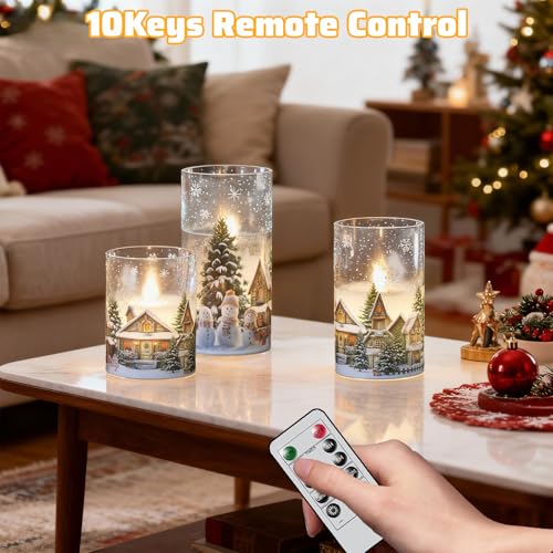 Image of Wondise Chrismtas Snowman Glass Flameless Candles with Remote Timer, Battery Operated Real Wax LED Flickering Pillar Candles with Christmas Tree Decal for Christmas Decoration