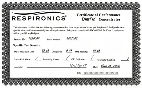 Certificate of Conformance for Respironics EverFlo Concentrator
