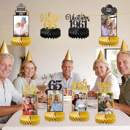 Image of Eucutur 8Pcs 65th Birthday Decorations Honeycomb Centerpieces for Women Men, Black Gold Vintage 1961 65th Bday Photo Table Centerpieces Party Supplies, Glitter Cheers to 65 Year Old Bday Table Topper