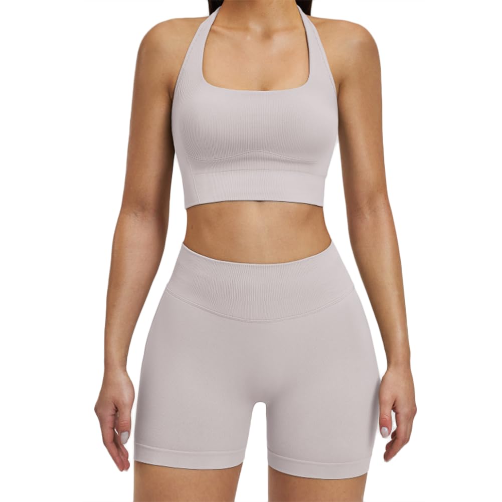 XYFfybhsd Women's Breathable Compression Elastic High Waist Slimming Seamless Sports Bra Shorts Set(Size:S,Color:Light brown)