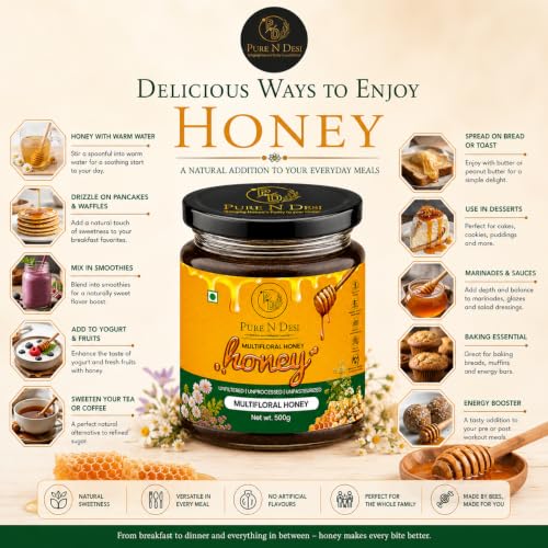 Image of PURE N DESI 100% Pure Organic Honey - 250g | Row Honey for Fitness & Health | Natural Immunity Booster | 100% Indigenous | Rich in Antioxidants & Minerals | Raw & unfiltered Ajwain honey in a premium glass jar with rich aroma and naturally sweet taste for everyday use.