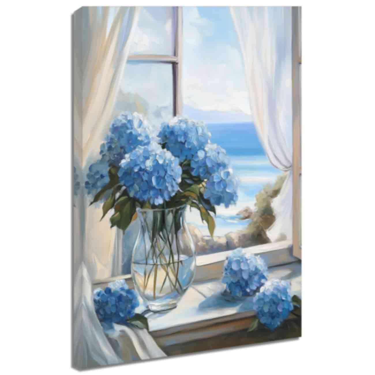 ZQQART Stampa artistica su tela con ortensia rustica, stampa floreale con fiori costieri, pianta botanica, decorazione da parete per il bagno, con cornice (blu, 40,6 x 61 cm)
