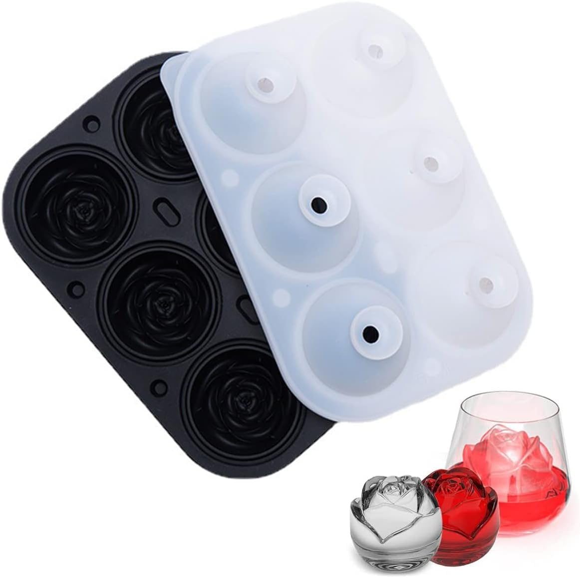6 Cavity Ice Cube Tray BPA Free Silicone Ice Ball Maker Easy Release 3D Rose Flower Ice Cube Mold for Whiskey Cocktails Homemade Juice (Black)