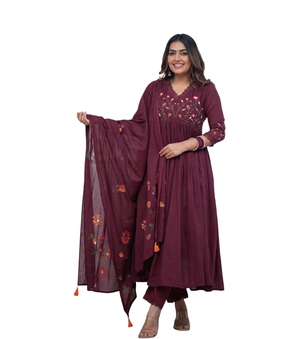 Women’s Pure Cotton Kurti Pant Dupatta Set | Embroidered Floral Anarkali Kurta with Dupatta | Ethnic 3 Piece Suit Set | Comfortable Festive & Daily Wear | Sizes S to XXL-picture-21