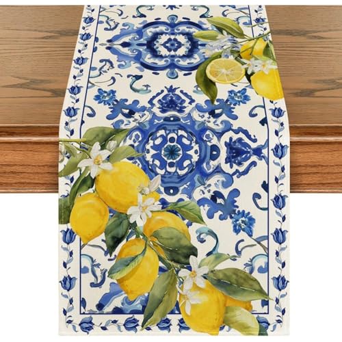 Chemin De Table, 33x183cm Dolce Vita Decoration, Deco Citron, Decoration Dolce Vita, Nappe Citron – Chemin De Table Style Été Citrons Bleu, Lavable, pour...