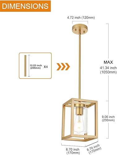 Miniatura 4 de VINLUZ Candelabro rústico de 1 luz con acabado dorado, moderno accesorio de iluminación colgante industrial con pantalla de vidrio transparente,