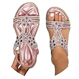 Glitzer Sandaletten für Damen Flach Boho Sandalen   Sommer Bequem Breite Füße Damensandalen & Slides   Frauen Elegant Sommer Schuhe Sommerschuhe Weite H,04 Rosa,40/EU