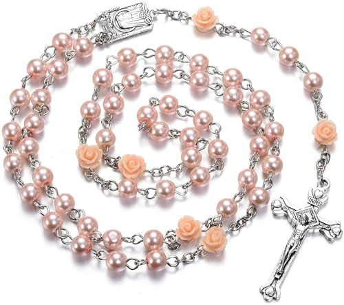 Rosary Beads Catholic Bulk for Women Men, Rose Our Father Beads with Jesus Christ Crucifix Cross First Communion Confirmation Gifts-6 Packs4