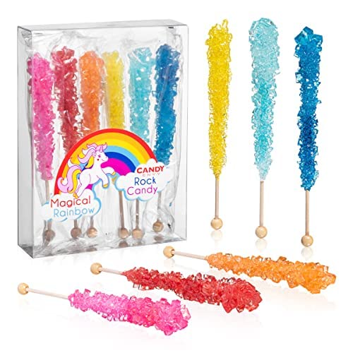 Magical Rainbow Rock Candy Crystal Sticks - 6 Indiv. Wrapped - Assorted Colors