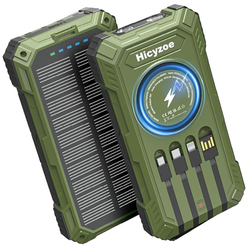 Banco de Energía Solar, Cargador Portátil de 26800mAh con 4 Cables Integrados, Cargador Solar con Carga Rápida USB-C, Carga Inalámbrica Qi con Linternas LED, para Celulares, Tabletas y Camping.
