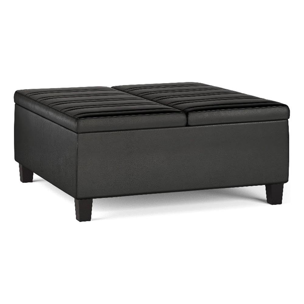 SIMPLIHOME Ellis 36 inch Wide Contemporary Square Coffee Table Storage Ottoman in Distressed Black Vegan Faux Leather, Assembled, for the Living Room