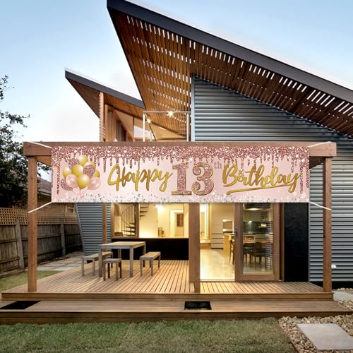Image of Excelloon 13th Birthday Banner Decorations for Girls, Pink Rose Gold Happy 13 Birthday Yard Banner Party Supplies, 13 Year Old Teenager Bday Background Sign for Outdoor Indoor