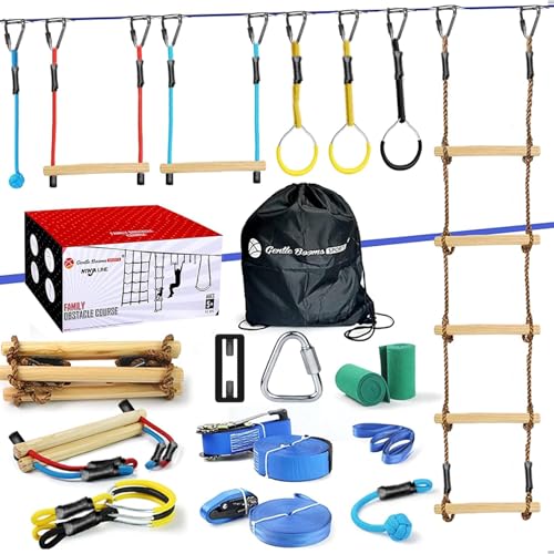 Ninja Warrior Obstacle Course for Kids,2×56ft Slackline Kit with 8 Ninja Accessories+Fast-Setup Buckles- Monkey Bar,Rope Ladder,Gymnastic Ring,Arm Trainer and Monkey Fist,Supports 880 lbs