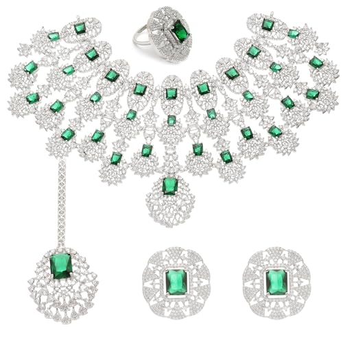 Image of ZENEME Rhodium-Plated American Diamond Studded Tasselled Necklace With Earrings Ring & MaangTikka Jewellery Set For Girls and Women