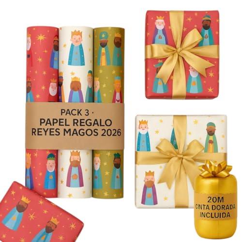 Papel de presente rei mágico para embrulhar, pack de 3, papel de presente de rei magos 70 cm x 2 - 5 m, rolo de Natal grande, embraiagem natural (sortido, 70 cm x 2 metros)