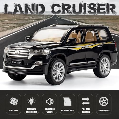 Image of 1:24 Toyota Land Cruiser SUV Diecast Scale Model Alloy Metal Pull Back car for Kids with Openable Doors & Light, Music Toy Vehicle (Black)