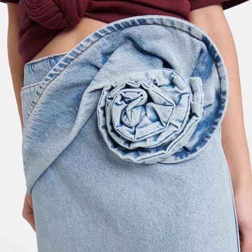 Women's 3D Floral High Waist Denim Pencil Skirt Casual Bodycon Ruffled Wrap Party Jean Midi Skirt 7
