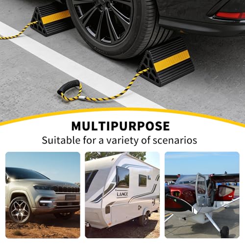 Image of Vacallity Update Wheel Chocks for Trailer 2pc Heavy Duty Rubber Wheel Chocks with seprate Handle Rope&Yellow Reflective Tape Tire Chock Blocks for Cars Trucks Aircraft RV Camper Trailer Accessories