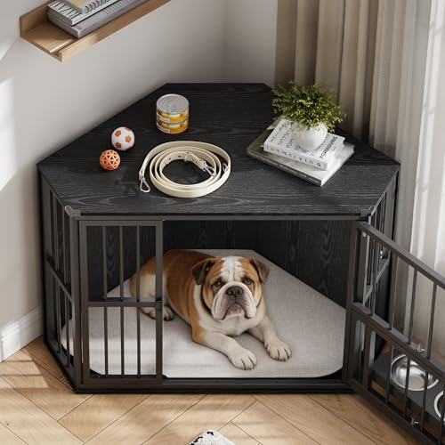 Garvee 42.5 Corner Dog Crate Furniture Wooden Dog Kennel Indoor with Feeding Bowls and Revolving Door Decorative Dog Crate End Table for Small Dog Black