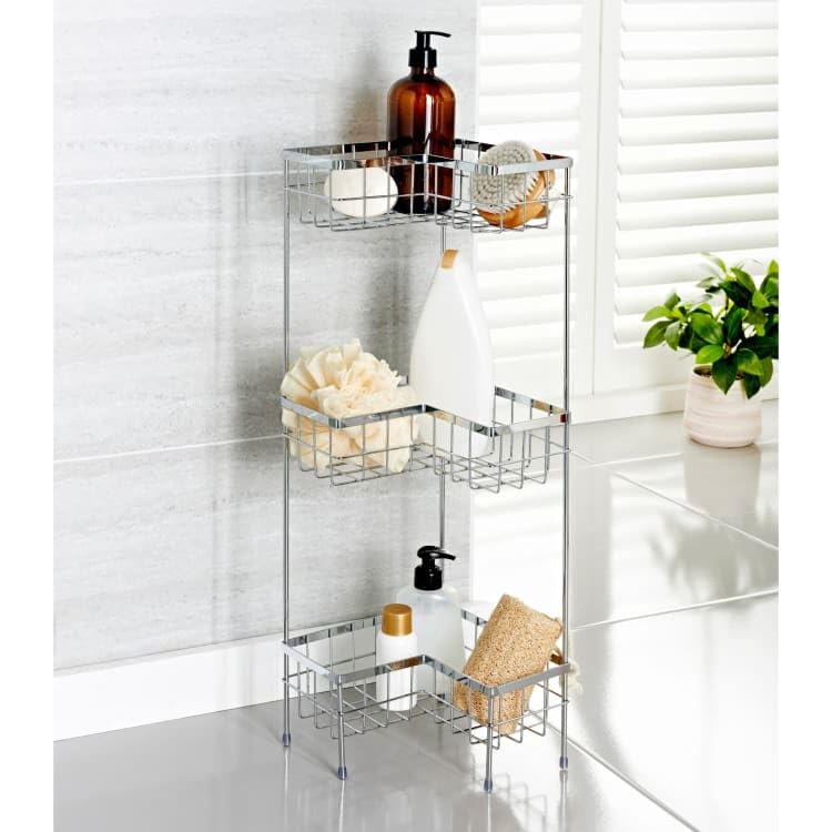 rightclick 3-Tier Bathroom Storage Caddy Freestanding shower saddy bathroom storage Shower Basket Caddy Toilet Storage Holder Metal Shower Shelf bathroom Organiser for Toiletries. 22x22x64cm (Chrome)