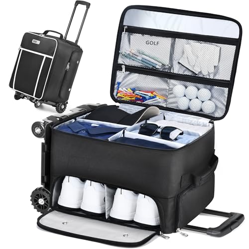 CAB55 Golf Trunk Organizer with 4 Wheels, 2 Layer Waterproof Car Golf Organizer with Separate Ventilated Compartment for 2 Pair Shoes, Golf Trunk Storage for Clothes, Accessories, Golf Gifts (Black)