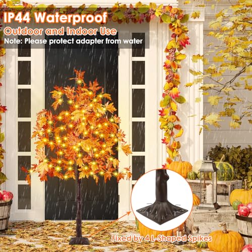 2 Pack 5FT Artificial Lighted Maple Tree, Thanksgiving Decor Artificial Tree with Timer, 200 LED Warm White Light up Fall Maple Tree for Indoor Outdoor Halloween Autumn Home Party Decoration, Orange