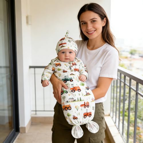 Image of AMAWMW Newborn Baby Boys Girls Cartoon Sleeper Gown Long Sleeve Mountain Nightgown Hat Outfits